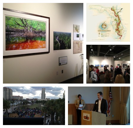 Clockwise from top left: One of Carlton Ward's photos depicting vibrant green trees along a portion of the tannin stained Suwannee River, a map showing the 1,000 miles traveled in 100 days, people gathered on Sunday evening at the Tampa Bay History Center to watch the documentary put together by Elam Stoltzfus and Carlton Ward, Ward addressing the crowd of supporters Sunday evening, the crowd that had gathered outside the Tampa Bay History Center to watch the screening, despite the cold, windy weather.(Photos courtesy of www.floridawildlifecorridor.org and claytongrayhome)