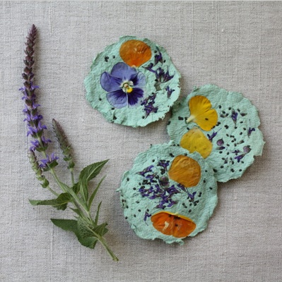 Ellen Luckett Baker's homemade plantable paper is beautiful when combined with dried petals and seeds.  A great giftable piece of art that keeps giving, once planted! (Photo courtesy of Alphamom.com/Ellen Luckett Baker)